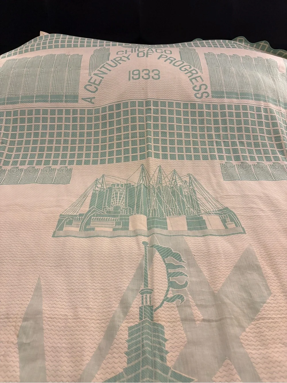 Vintage Chicago 1933 Authentic World’s Fair Jacquard Bedspread - Green & Cream